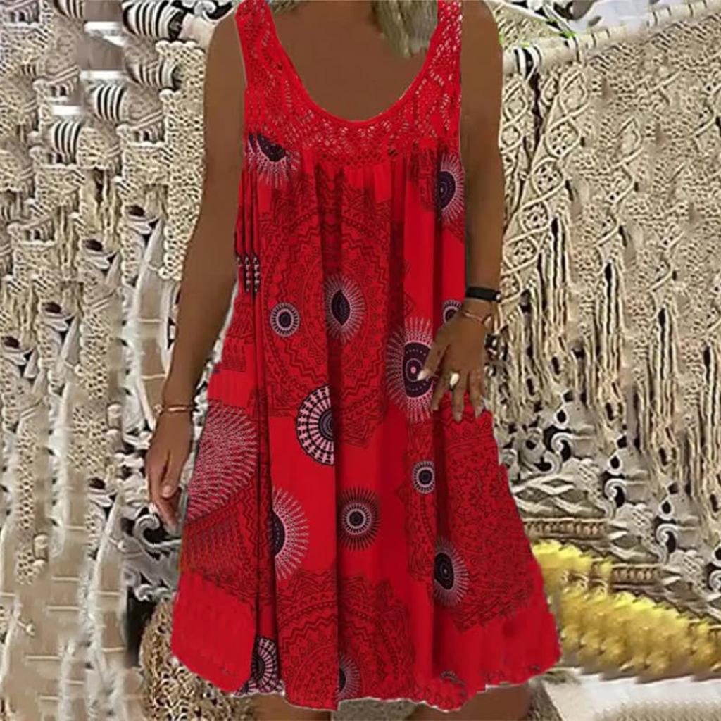 Women's Sleeveless Lace Pleated Patchwork Print Elegant Large Swing Dress
