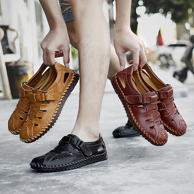 Plus Size Men's Shoes Without Shoelaces Summer Sandals Closed Toe Breathable Genuine Leather Shoes Men's Casual Hollow Hole Driving