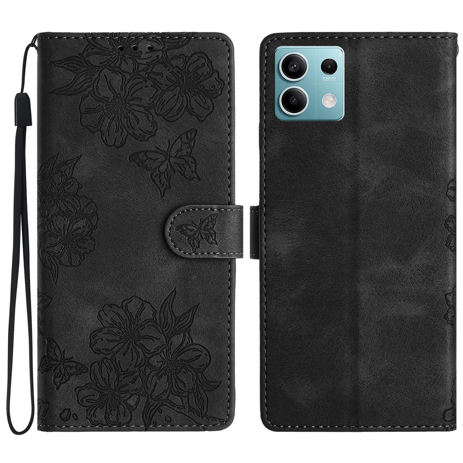

For Xiaomi Redmi Note 13 5G Case Butterfly Flower Pattern Skin-Touch Anti-Drop Leather Phone Cover Black