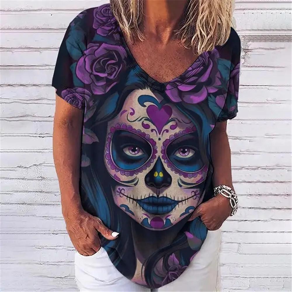 

Жен. Ужасный череп Модный пуловер с 3D принтом Подходит для всех сезонов Повседневные С короткими рукавами Полиэстер V-образный вырез Милый 8XL