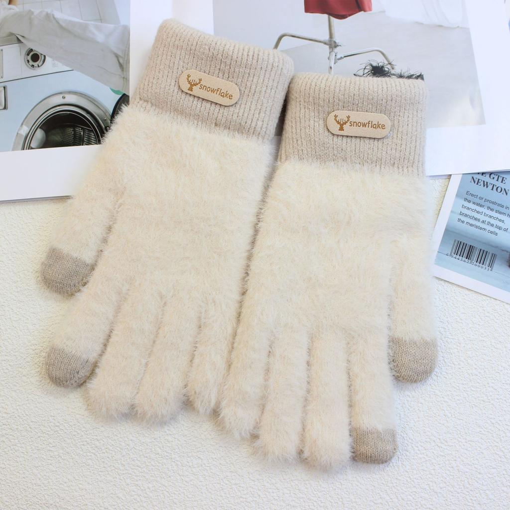 Hairy gloves female winter cute color matching plush knitted wool five fingers plush thickened cycling warm
