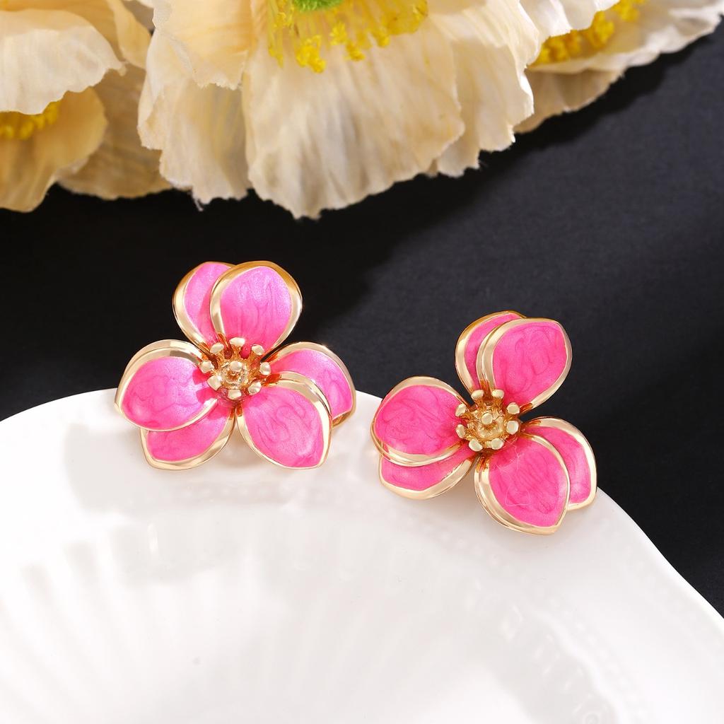 Layered Pink Enamel Flower Stud Earrings Gold Tone Trim Floral Earrings for Women