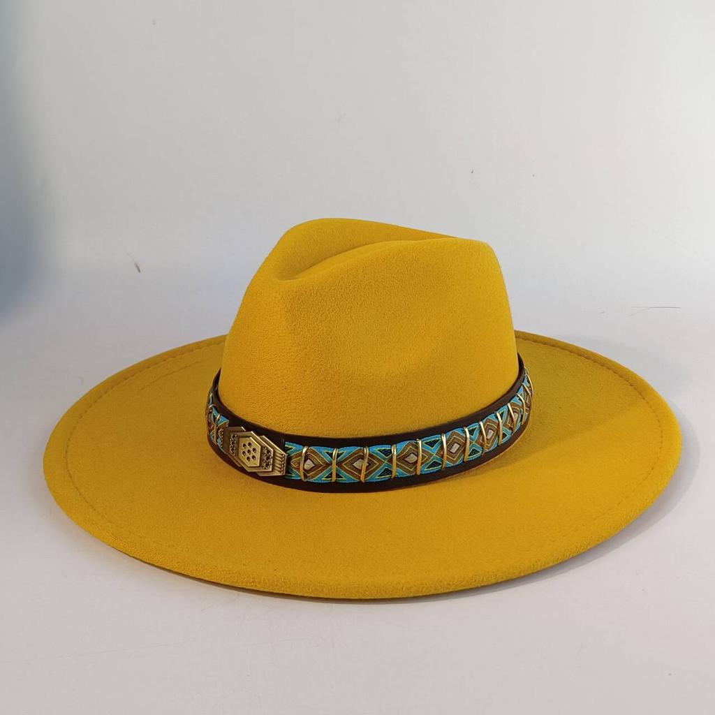 Felt Hat with Vintage Leather Belt, Fashionable European and American Jazz, Classic Church Style, Wide Brim, 9.5cm