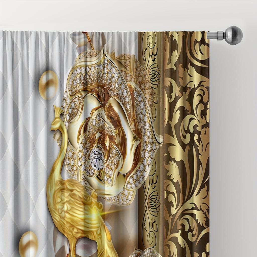 2pcs Golden Peacock Curtain Study Room Kitchen Living Room Rod Pocket Top Window Drap Bedroom Accessories Room Decor Home Decor