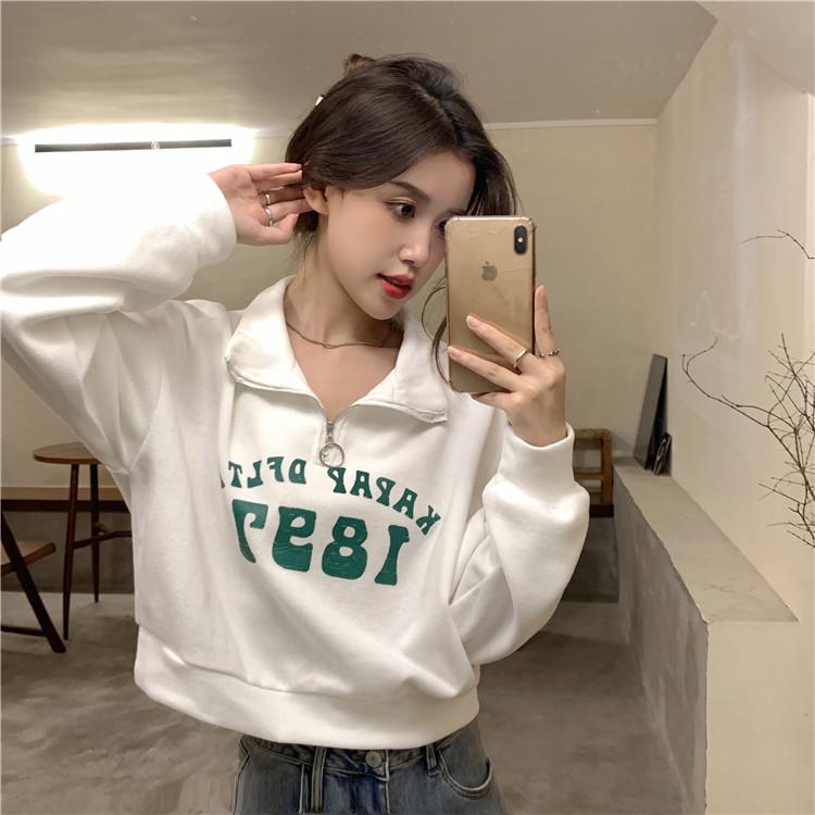 Women's Petite Half-Zip Polo Collar Sweatshirt - American Retro Style for Spring and Autumn