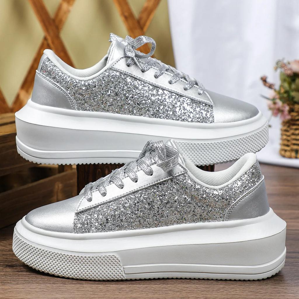 Damen Plateauschuhe Mode Pailletten klobige Schuhe PU-Leder Freizeit-Sneaker runde Zehenpartie Laufschuhe Tägliche vielseitige Schuhe