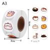 500Pcs/Roll 2.5Cm/1Inch Circular Cute Cartoon Sushi Pattern Decorative Sticker Baked Dessert Lunch Box Label Decor Sticker