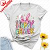 Happy Easter Cartoon Tshirt Bunny Ears Bow With Egg Floral Star Graphic Playful Typography Cute Festive Regular Short Sleeve