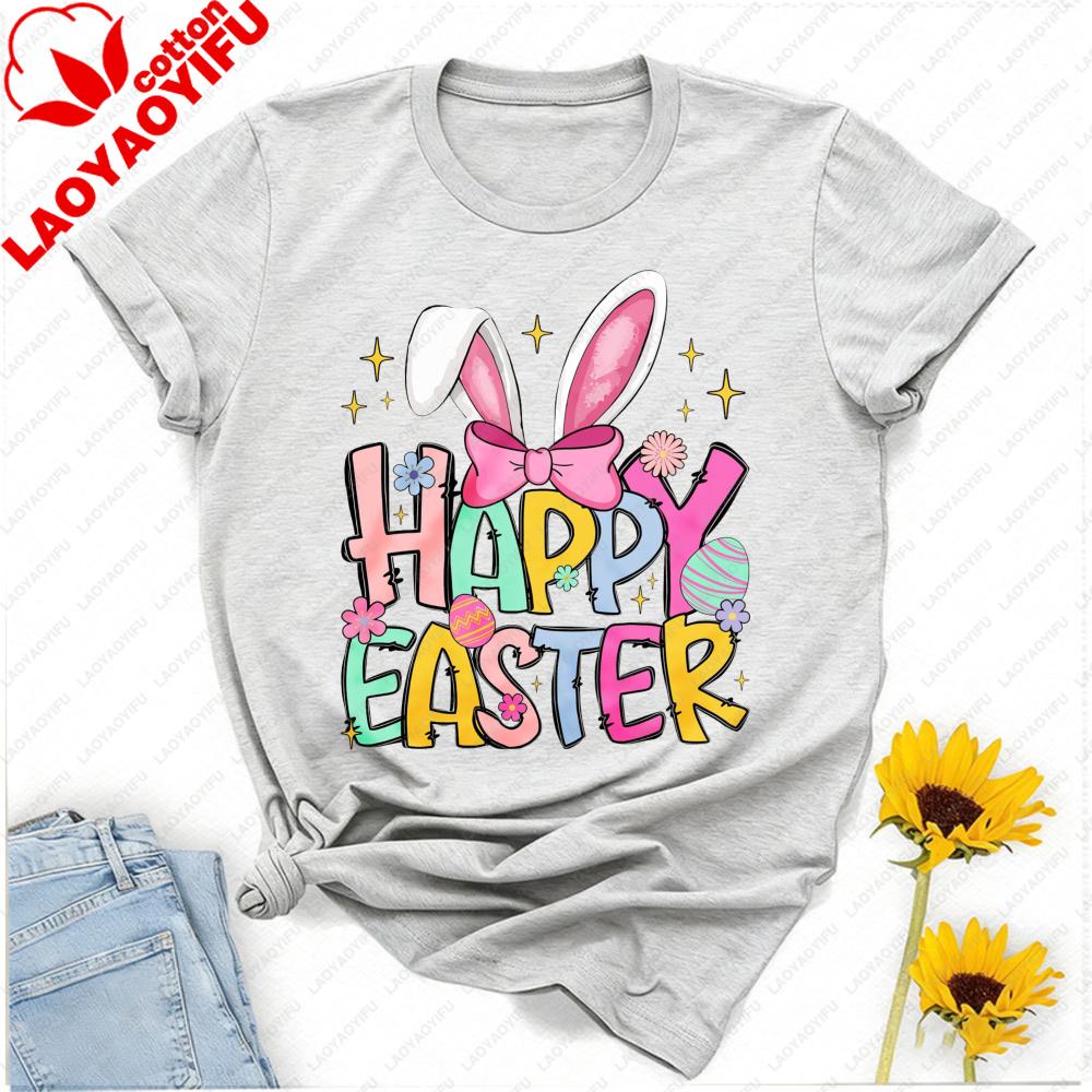 Happy Easter Cartoon Tshirt Bunny Ears Bow With Egg Floral Star Graphic Playful Typography Cute Festive Regular Short Sleeve