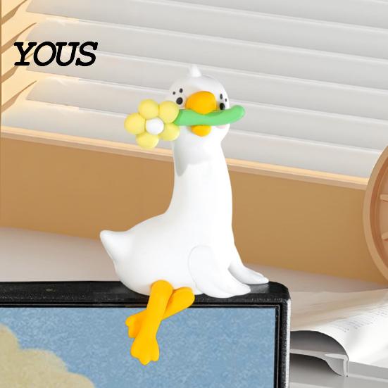 Tiny Duck Collectible Resin Decor for Desk Car Dashboard TV Monitor, Mini Monitor Decoration Figurine, Cute Holding Flower Ornament, Playful