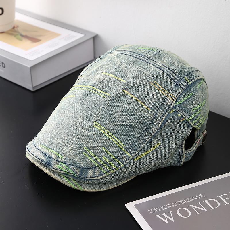 New Spring And Autumn Line Embroidery Denim Forward Hat Hat Men'S And Women'S Fashion Short Brim Sunshade Newsboy Cap Gorras