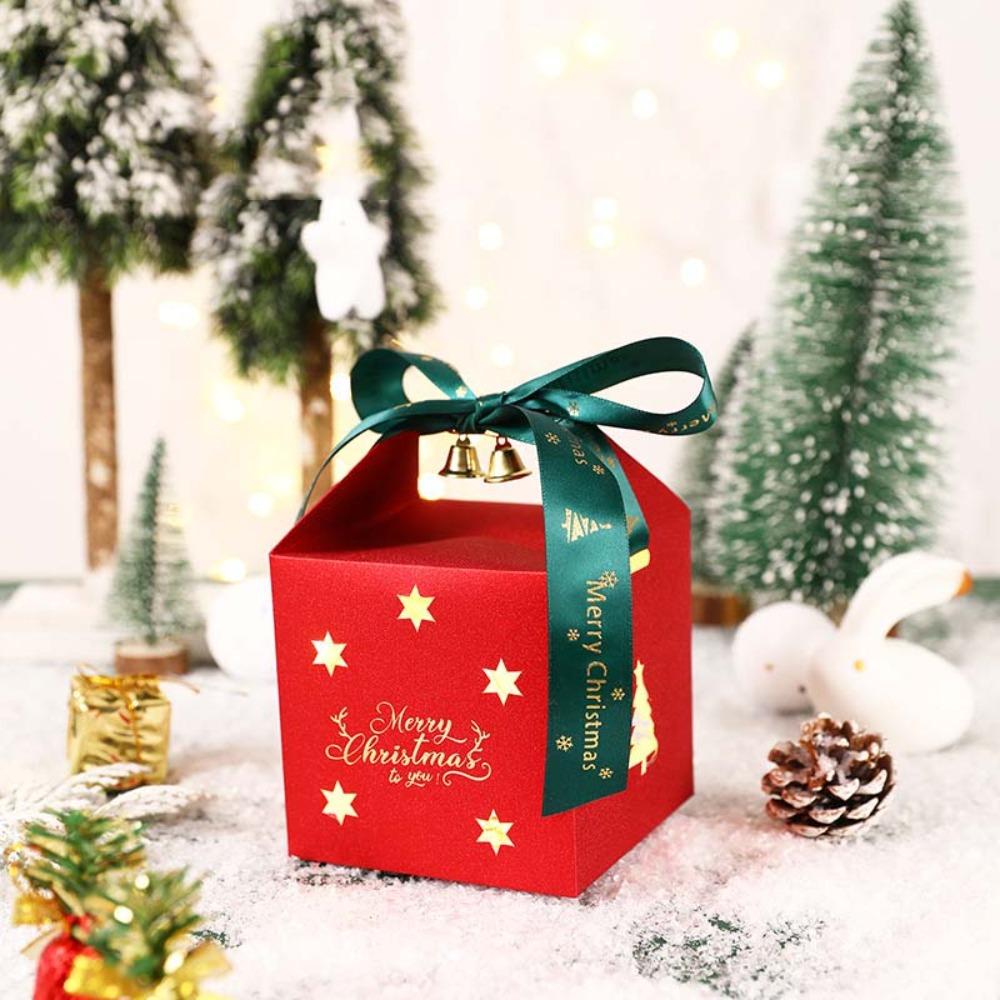 6PCS Square Christmas Candy Box with Bell and Ribbon Chocolate Box Christmas Gift Packing Box  Kids
