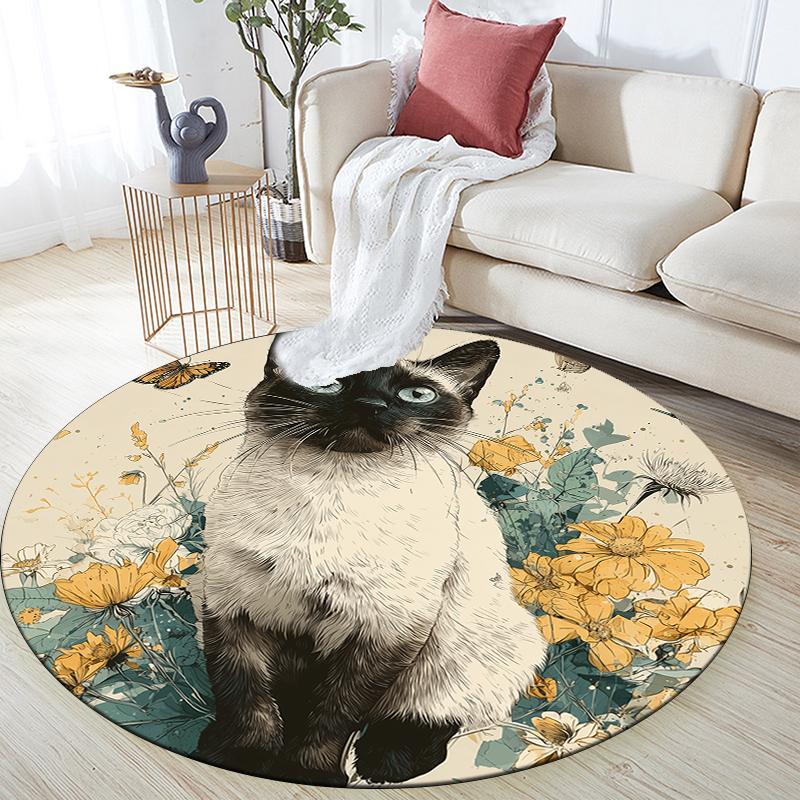 

Siamese Cat and Plants pattern round rug,Carpet Rug for Living Room Bedroom Playroom ,Non-slip Floor Mat,Holiday Gifts and Birthday Gifts. 80cmx80cm