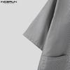 INCERUN Summer Men Lapel Neck Short Sleeve Striped Pockets Casual Oversized Shirts