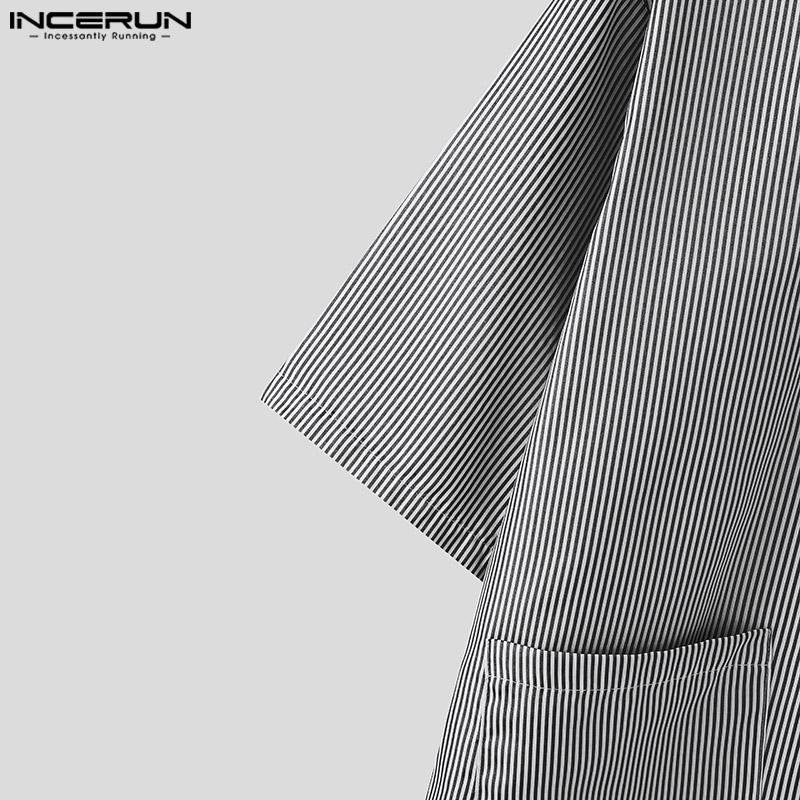 INCERUN Summer Men Lapel Neck Short Sleeve Striped Pockets Casual Oversized Shirts