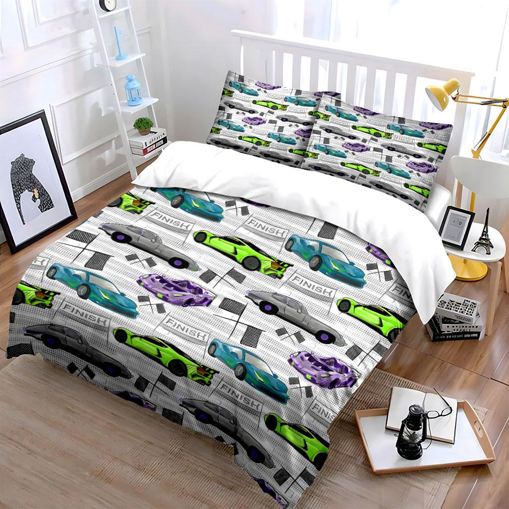 Racing Cars Pattern Design Set  Kid'S And Adults' Bedroom Decor, Exquisite Three-Piece Bedding Set Gift