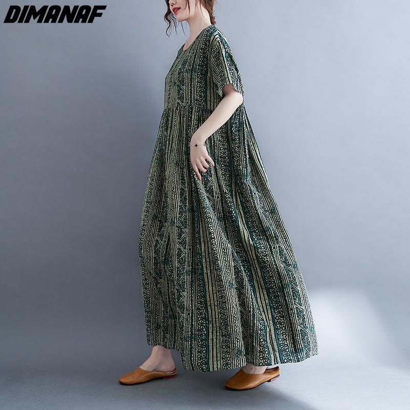 Dimanaf Women Dress Summer Plus Size Beach Sundress Linen Bohemian Print Flowers Fashion Lady Vestidos Loose Casual Long Dress Oversize 9079