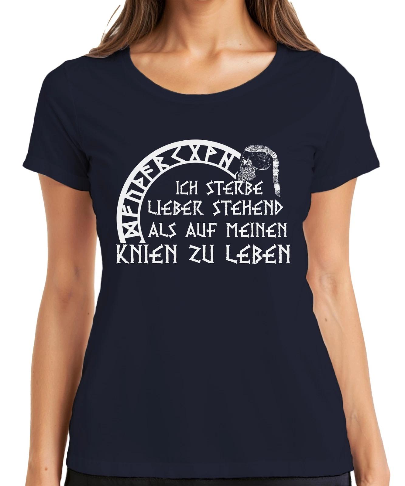 Stehend sterben als kniend leben Wikinger Totenkopf Runen Ragnar Damen T-Shirt M