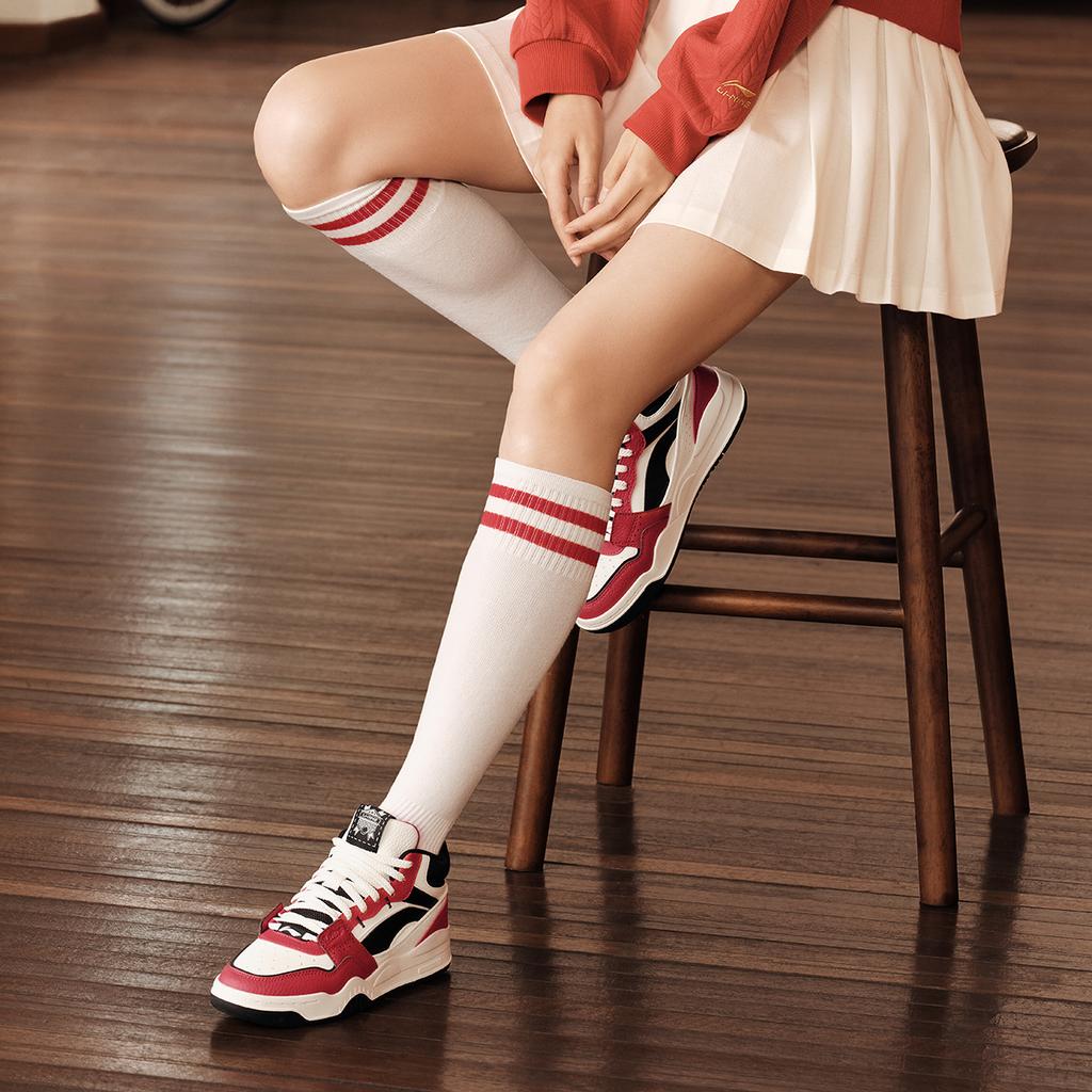 New LINING Moonlight White HI Skateboard Shoes Women's Mid Top White Red AGCU314-4