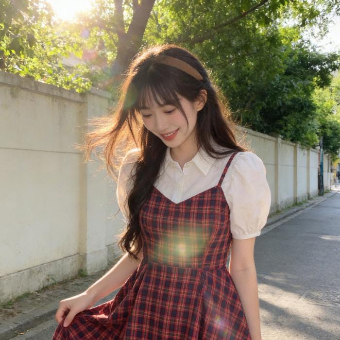 

Fake two-piece bubble sleeve plaid suspender dress women s summer niche design high-end temperament student skirt S красный