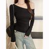 Sweet and Spicy Slanted Shoulder Sexy Long-sleeved T-shirt for Women In Early Autumn New Tight Waisted One-line Collar Personalized Top