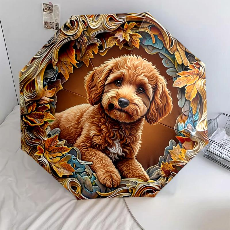 0106 Embossed Leaf Dog  Pattern, Automatic Folding Umbrella, Portable and Foldable Design, 8 Ribs, a Christmas or Birthday Gift.