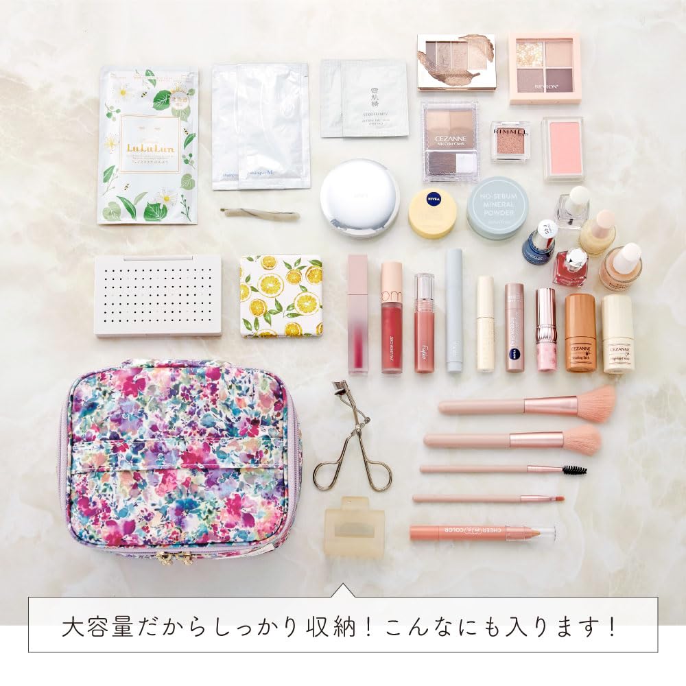 Floral Vanity Pouch with Large Cute and Includes Brush Portable and Made in LC Nicola Pink Women's Capacity, Stylish, Pocket, Travel-Friendly, Japan,