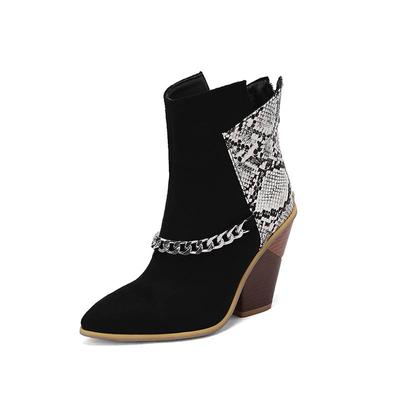 Polyurethane Autumn Winter Shoes 47 Size 48 Super Size Wedges Pointed Toe Metal Chains Mid-calf Boots