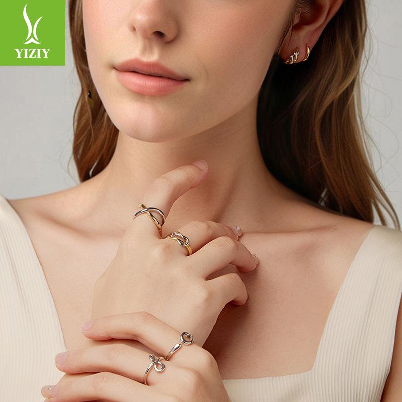 S925 Sterling Silver Two-Color Metallic Texture Earrings, Ring Collection, Light Luxury High-End Line Earrings.