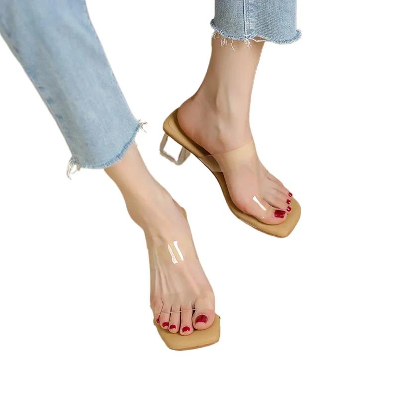 Chaussures pour femmes Peep Toe Pantoufles pour femmes Mode Grande taille Unies Pantoufles habillées Femmes Été Talons à bout carré Femmes