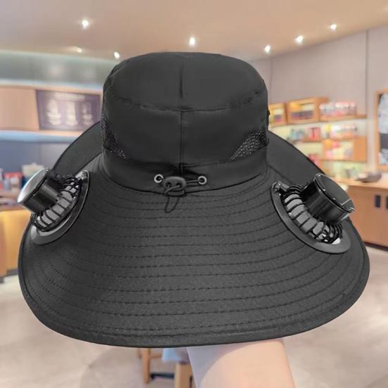 Buckle Hat with Dual Fans Large Battery Solar Charging Full-Face Sun Protection Large Brim Sun Hat Adjustable Drawstring Walking Cooling Hat