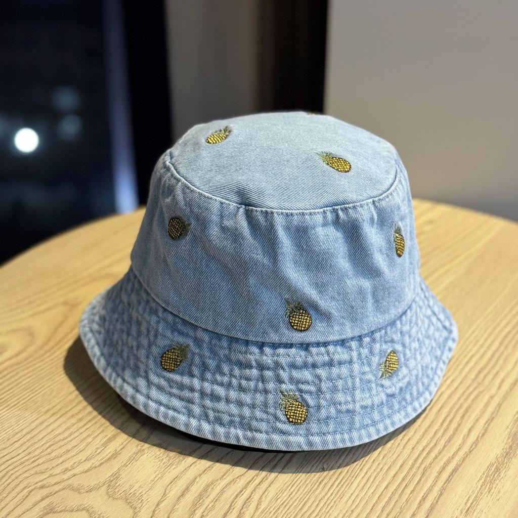 Spring and summer new pineapple embroidered denim fisherman hat for women, washed vintage outdoor versatile sun protection bucket hat