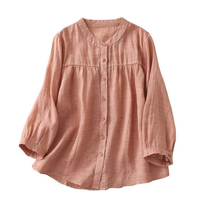 Ethnic style cotton and linen seven-quarter-sleeved shirt women's spring summer loose and thin casual cotton and linen cardigan top