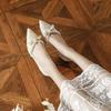 Fashion Single Shoes Women's Middle Heel Satin Pearl Bow Women's Shoes Spring 2025 New Light Mouth Pointed Thick Heel High Heels