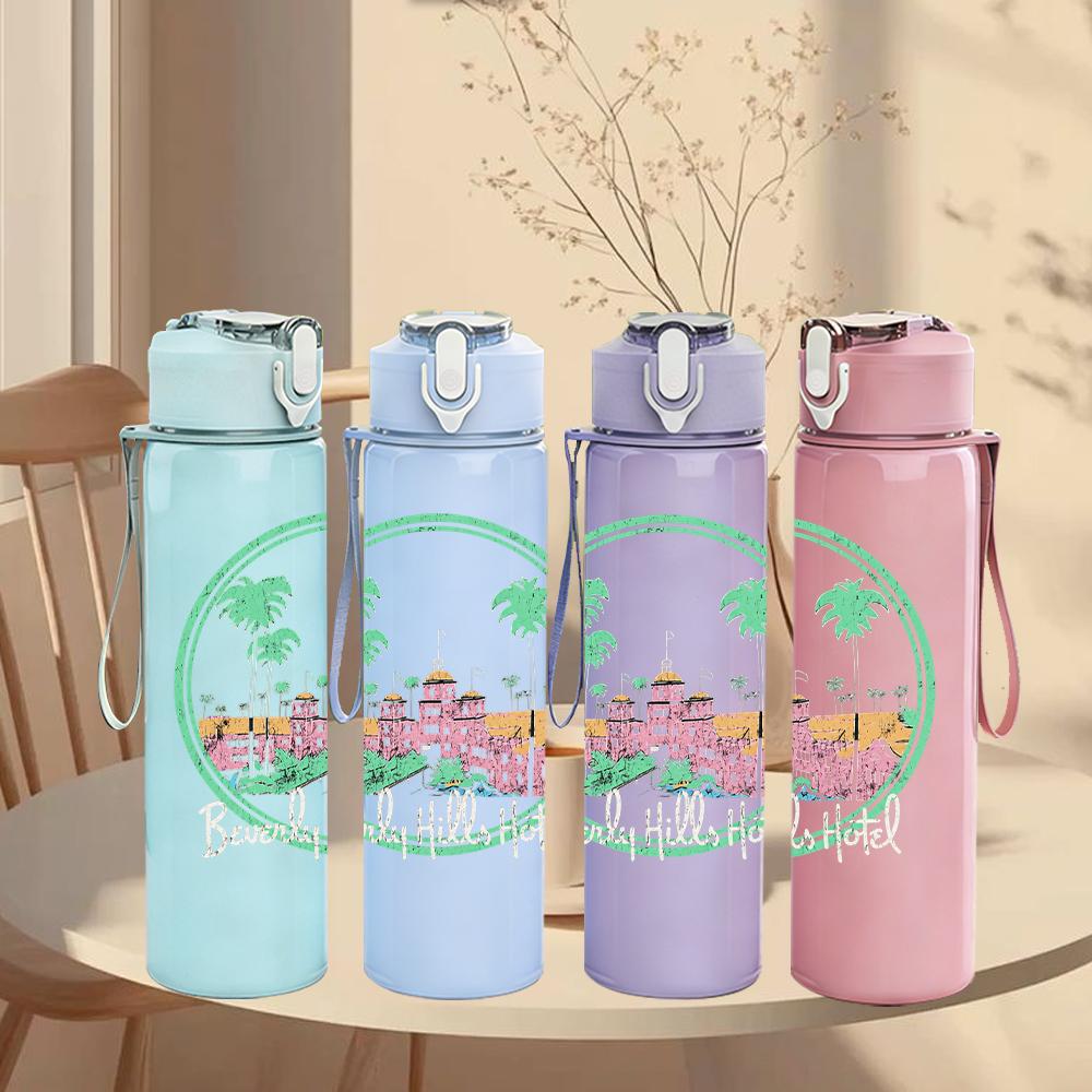 1PC Tropical Palm Tree Circular Retro Art Print 750ml Portable Sports Water Bottle Leakproof Gym Outdoor Travel Drink Cup