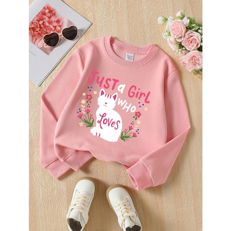Kids Sweatshirt ,Crew Neck Fashion Top, Fun"Just Girl Loves Cats "patterned Sweatshirt for Everyday Casual Wear,Perfect for All Kinds of Daily Outfits