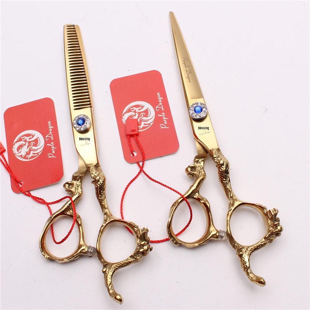 

5.5/6 Purple Dragon Gold Handle Hairdressing Scissors, Barber Shears, & Thinning Shears with Blue Sapphire Detail. 5.5 inch Gold Straight Shears