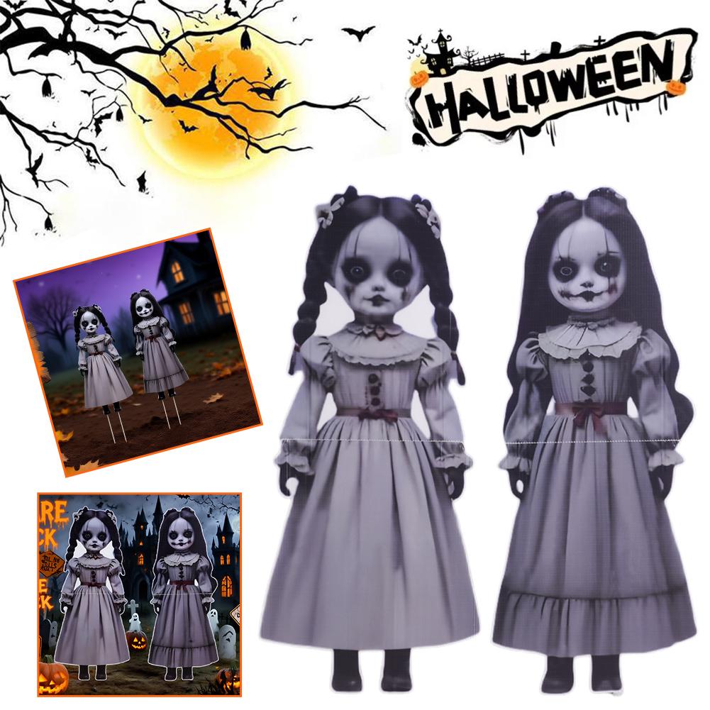 2-pack 2D Halloween-dekorationer, Läskig Spökflicka Docka Trädgårdsstolpar för Utomhusträdgård, Spökhus Markinsättningsskyltar