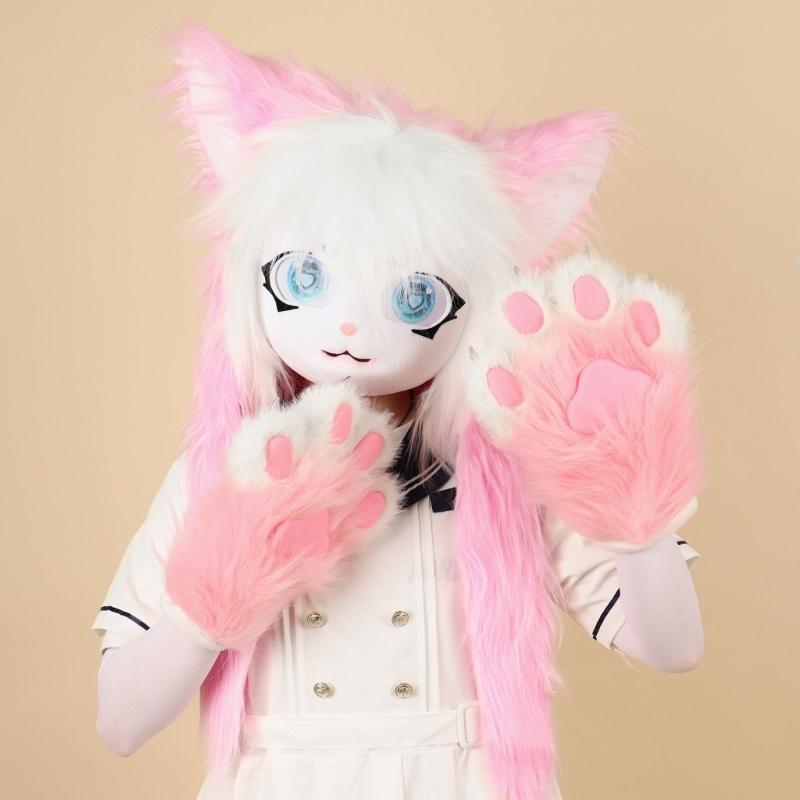 Felliger Tierkopf Katzen Fursuit Cut Maske Plüsch Katzenmaske Niedlicher Katzenkopfschmuck für Halloween Maskenbälle Cosplay Requisiten