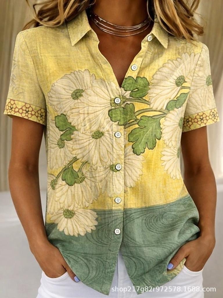 European and American summer hot-selling shirts, short-sleeved women's clothing, printed fashion lapel shirts, tops, casual women's clothing