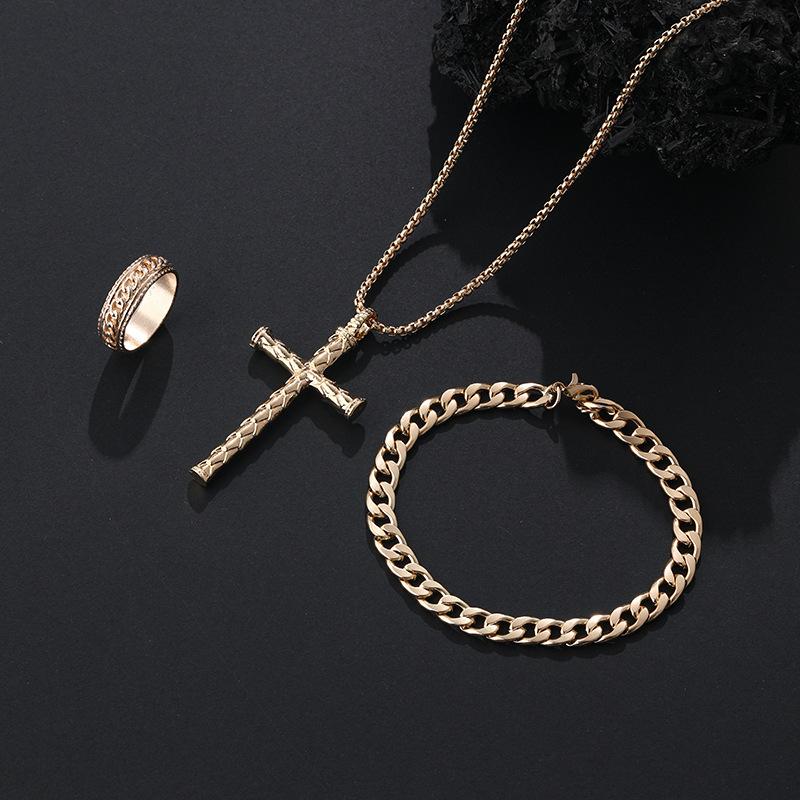 3Pcs Set Men'S Stainless Steel Metal Cross Pendant Chain Necklace Bracelet Ring Jewelry Set Male Hip Hop Daily Wear Accessories