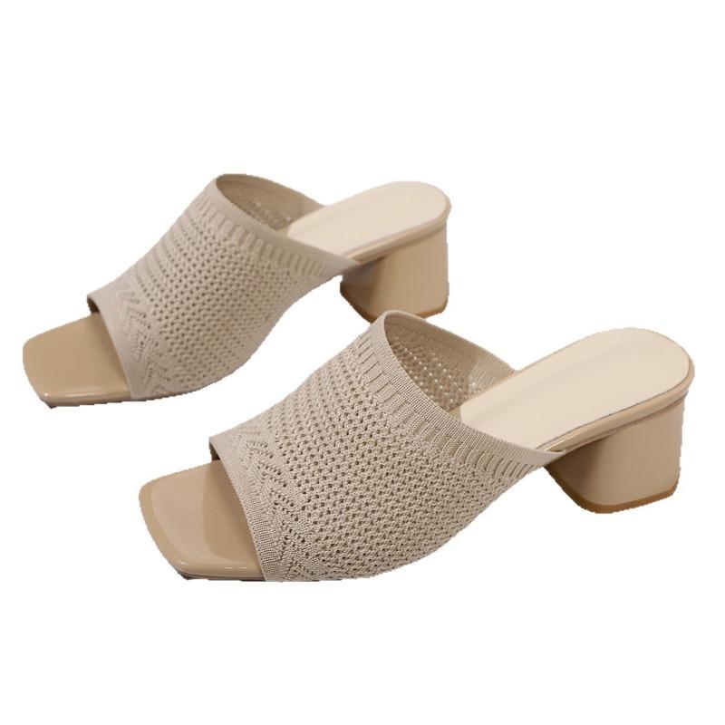 Summer New Large Size Fly-woven High-heeled Cool Slippers Women's Knitted Breathable Thick-heeled Fashion One-character Sandals