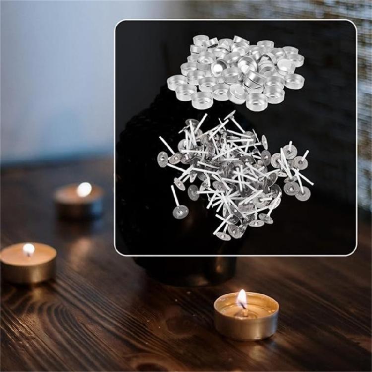 100 sztuk metalowych pojemników na świece z 100 sztukami knotów do produkcji świec zapachowych, podstawki na podgrzewacze, puste okrągłe pojemniki, forma