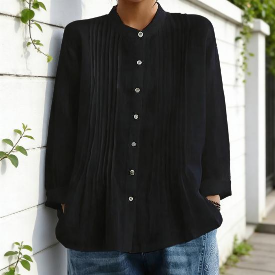 Women Shirt Pure Color Stand Collar Long Sleeve Single-Breasted Button Casual Tops Work