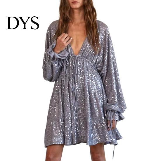 Lightweight Dress Lady Club Party Deep V Neck Shimmering Sequin Loose Solid Slimming V-neck Color Long Sleeve Bow Lace-up Strap Look Mini