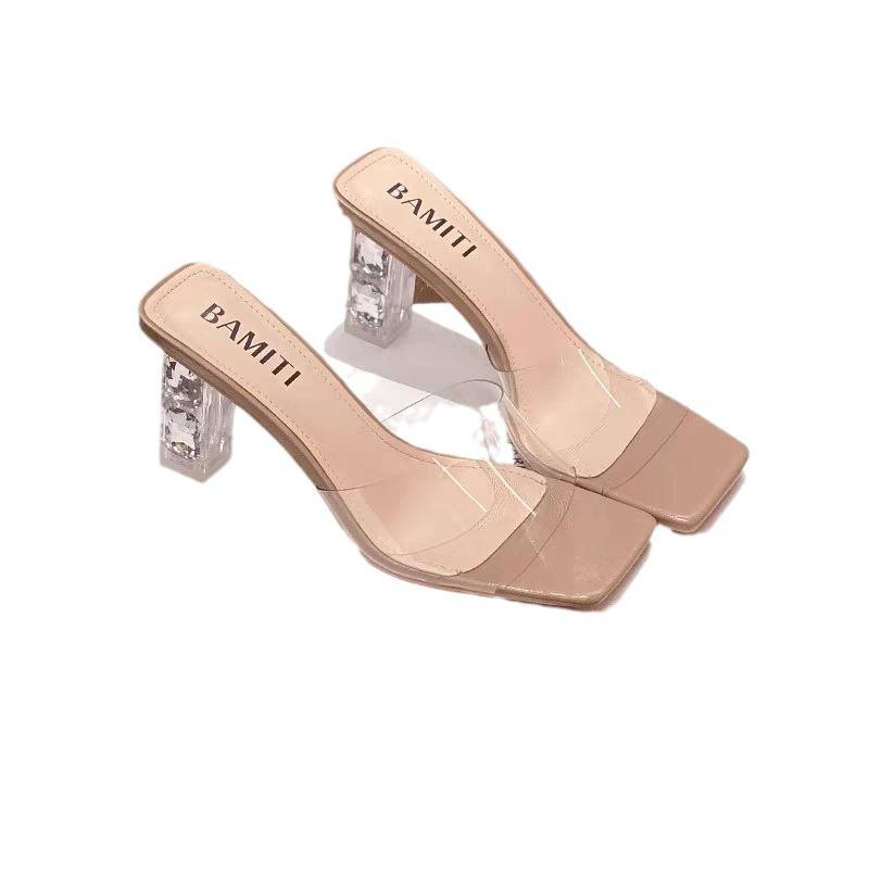 One-word slippers women's summer wear new sexy square head thick heel high heels temperament transparent crystal sandals