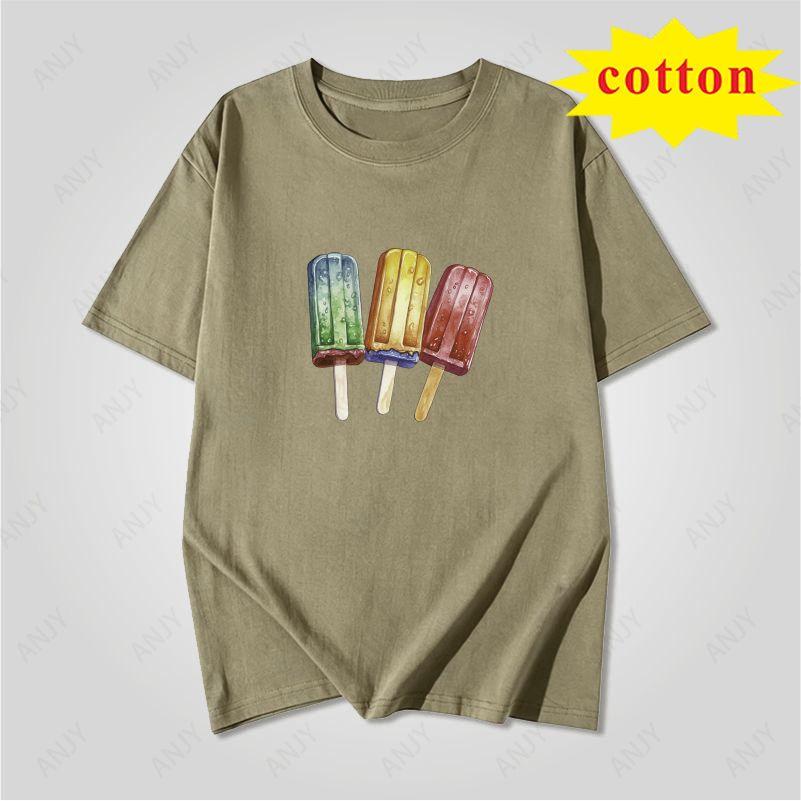 Summer Fresh Color Popsicle Handpainted Pattern Loose Casual Round Neck Short Sleeved Top