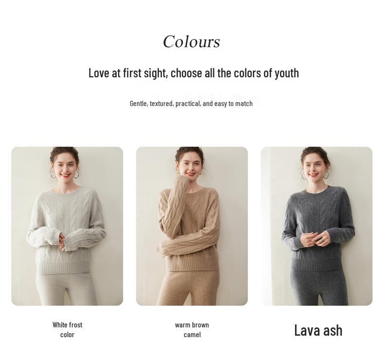 Women's Cashmere Cable Knit Sweater: Round Neck, Long Sleeve, Thickened for Autumn/Winter, Loose Fit