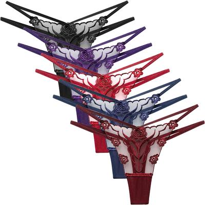 All Sexy Floral String Set of 5 [HINICE] Women's T-back Shorts, Lace, Embroidered, Lingerie, Pattern, Sheer, Strings, Tanga, Design, (M)