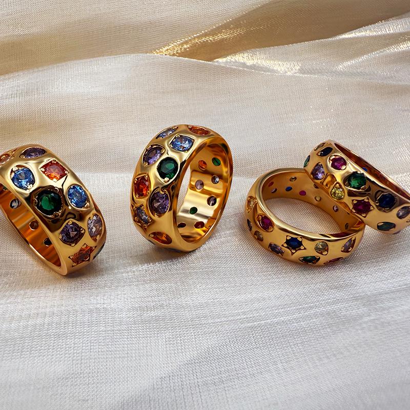 Inel la modă european și american cu zirconiu colorat încrustat – Design retro de lux ușor